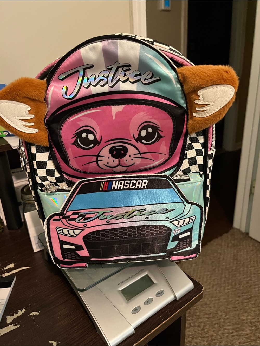 Justice Kids Backpack Pink Blue Black Checker NASCAR with Plush Ears